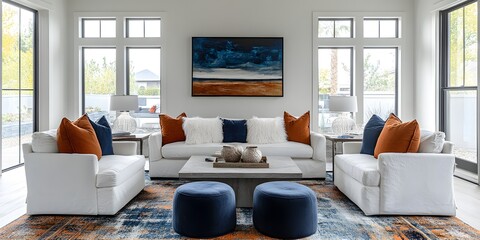 Modern Living Room Design with White Furnishings and Orange Accents