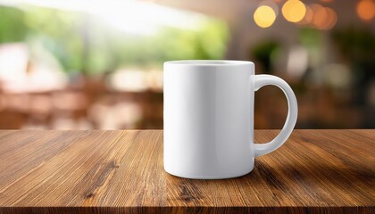 White Ceramic Mug Mockup on Rustic Wooden Table with Spacious Design Canvas, Showcasing a Cozy and Minimalist Scene with Natural Warmth and Serene Tranquility