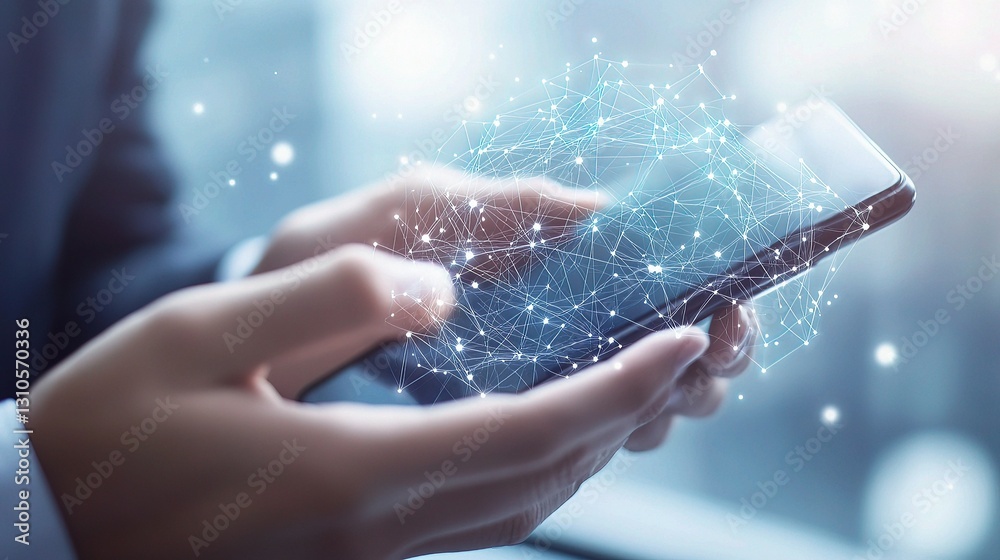 Poster man using smartphone with global network connection visuals