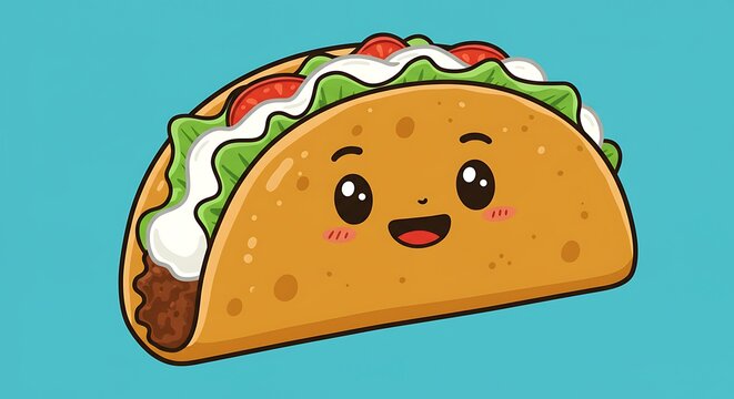 Cute Taco Character with Smiling Face and Fresh Ingredients Illustration