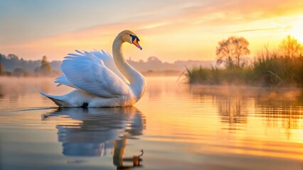 Fototapeta premium A lone mute swan stands on a tranquil lake at dawn, its white feathers glowing softly in the gentle morning light as it slowly stretches its long neck and wings, peaceful atmosphere, lakeside views
