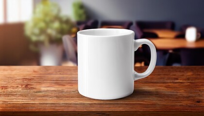 White Cup Mockup on Wooden Table Elegant Minimalism in a Rustic Setting, Showcasing a Clean White Cup against a Warm, Grainy Background, Ideal for Modern Digital Art and Home Decor.