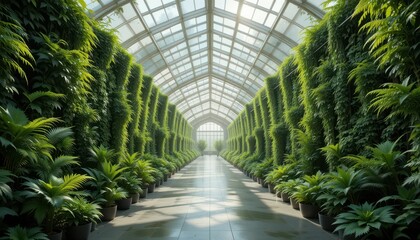 Lush Indoor Garden Pathway Surrounded by Vibrant Green Foliage