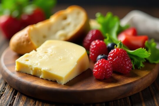 Artisan cheeses, sliced baguette, juicy berries & crisp salad on a wooden board , outdoor, lunch