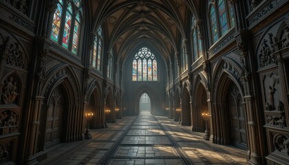 Fototapeta premium Grand Gothic Architectural Interior with Stained Glass Windows