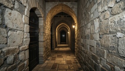 Obraz premium Dimly Lit Stone Corridor with Arched Doorways and Lanterns