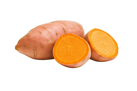 Large orange carrot is cut in half and placed on a white background, isolated
