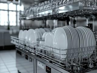 A close-up view of clean white plates stacked in a commercial dishwasher.