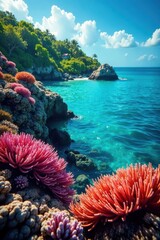 Vibrant coral reef, turquoise water, tropical island backdrop, marine life, colorful, scenery