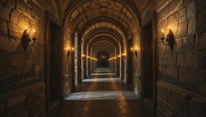 Fototapeta premium Enchanting Long Corridor with Wall Sconces and Warm Lighting