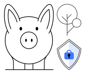 Piggy bank standing next to a shield with a lock symbol, and an abstract tree with circular elements. Ideal for themes of saving, security, nature, finance, growth, protection. Minimalist abstract
