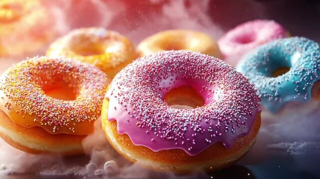 Colorful donuts in a cloud of smoke