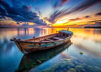 Fototapeta premium Long Exposure Photography: Weathered Wooden Boat at Dusk - Artistic Image