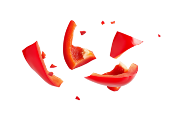 Red pepper is cut in half and has been sliced into pieces, isolated