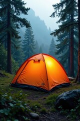 Bright orange tent nestled among tall evergreens, wildlife, environment