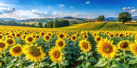 Obraz premium Campo di girasoli in piena coltivazione con piante alte e verde, sole e cielo azzurro, un paesaggio tipicamente italiano