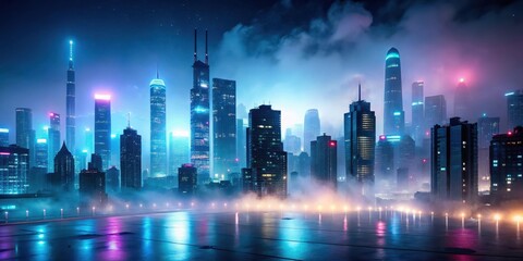 Misty cityscape at night with blurred skyscrapers and neon lights, downtown, urban,  downtown, urban