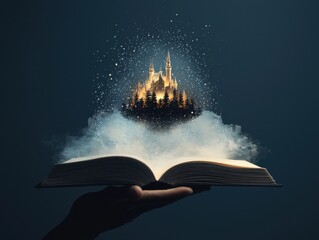 A magical book reveals a castle amidst a mystical, cloud-filled landscape.