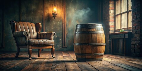 A retro old barrel sitting alone in a dimly lit room with a blurred background and wooden floor, furniture, vintage