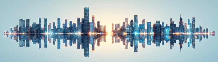 Fototapeta premium A modern city skyline reflected in a serene water surface at sunrise, showcasing urban beauty.