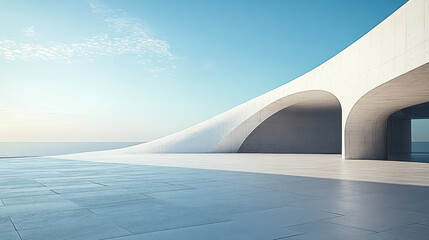 A white building with curved walls on the sea, a 3D rendering of an architectural design style