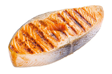 Piece of grilled salmon with a grill pattern on it, isolated