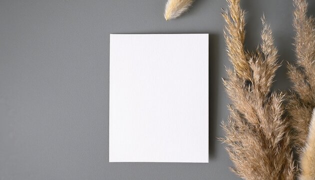 Minimalist Grey Office Space Elevated by Trendy Pampas Grass and White Invitation Card Mockup Against a Neutral Background, Offering Modern Design Inspiration for Event Organizers