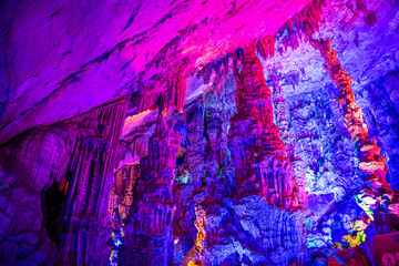 Stalactites of the Reed flute cave in Guilin city, Guangxi, China