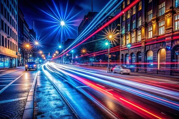 Long Exposure Police Lights Blurred City Night Street Scene
