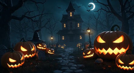 Spooky Halloween Haunted House with Glowing Pumpkins and Bats