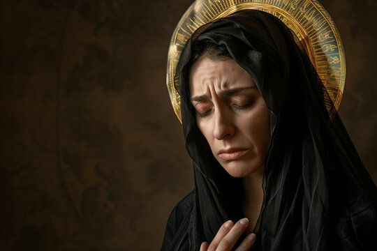 Virgin Mary in Mourning Holding Back Tears with a Downcast Gaze and a Golden Halo During Holy Saturday Reflections