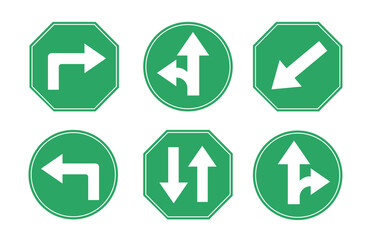 Road arrow sign icon clipart set. Traffic warning signages in green board like turn left and right, two way, intersection and side road direction symbol clip art collection vector illustration.
