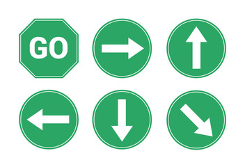 Fototapeta premium Road arrow sign icon clipart. Traffic signages symbol like go, this way, left, right and one way signal clip art in green board collection vector illustration. 