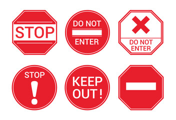 Warning sign icon clipart set. Road traffic red signages like do not enter, keep out, no entry, dangerous and stop signal clip art collection vector illustration.
