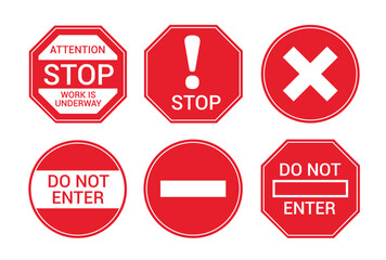 Stop red sign icon clipart set. Road warning signages clip art collection like do not enter, under construction, under maintenance, no entry and dangerous stop sign for safety and security vector 