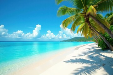 Azure water laps white sand, palm trees sway gently , calm, relaxing