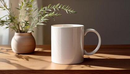 White Mug Mockup in a Minimalist Scene A Neutral Tableau with Soft Shadows and Clean Wood Texture, Evoking Tranquility and Serenity