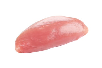 Piece of raw chicken is shown on a white background, isolated