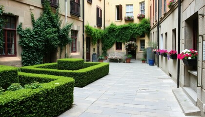 Fototapeta premium Serene Green Courtyard with Vibrant Flowers and Lush Ivy in City