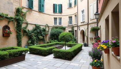 Fototapeta premium Serene Courtyard with Greenery and Colorful Flowers in Urban Setting