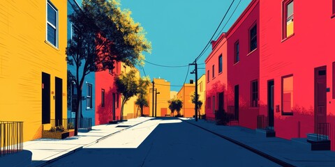 Fototapeta premium Vibrant, Colorful Urban Street with Brightly Painted Buildings Under Clear Blue Sky, Capturing Dynamic Architectural Elements and Playful Ambiance