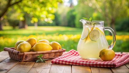 Glass pitcher of refreshing lemonade on a summer picnic table, table, peaceful ambiance,  table, peaceful ambiance, summer