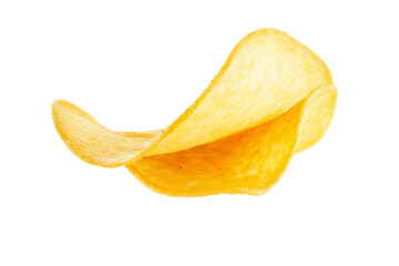 Naklejka premium Piece of yellow, crunchy, potato chip is shown in the air, isolated