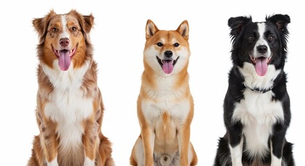Australian shepherd, shiba inu and border collie sitting and panting on white background


