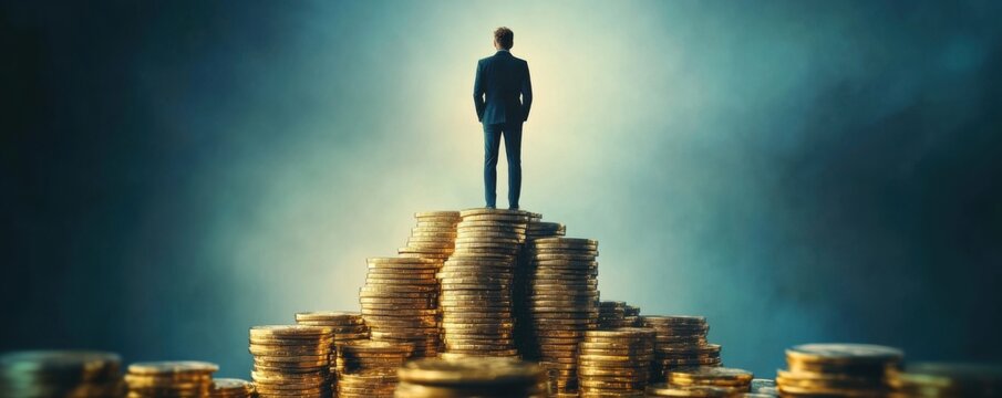 Success and Wealth: A Man Stands on a Pile of Gold Coins