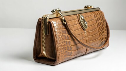 Brown Crocodile-Embossed Handbag on White Background