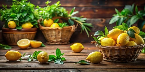 Fresh lemons sit on a wooden table surrounded by lush green leaves in a rustic kitchen setting, fruit, rustic,  fruit