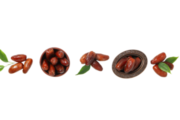 Dried dates in a bronze oriental bowl and a wooden bowl, top view, isolated on white background, PNG
