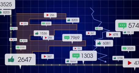 Displaying animation, fluctuating graph with social media metrics on blue grid background