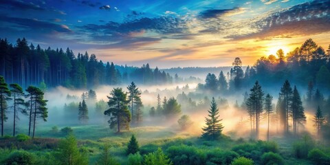 Fototapeta premium Forest Panorama at Peaceful Twilight with Soft Light and Gentle Mist, serene, nightfall, serene, nightfall